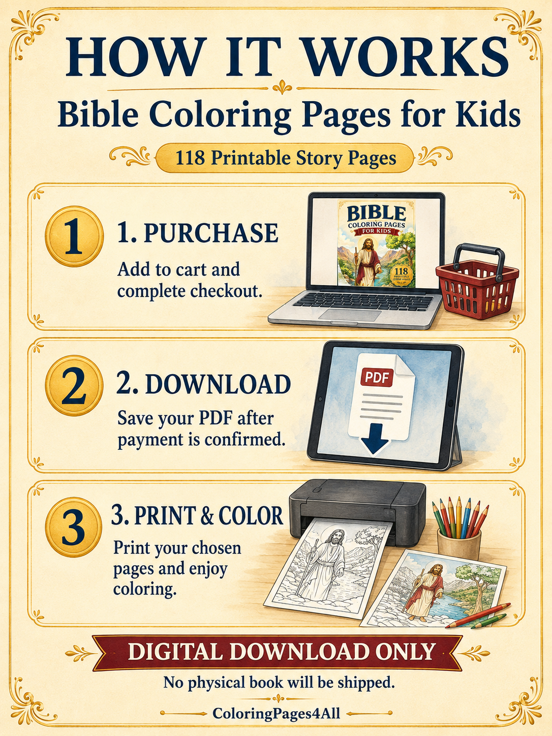 Printable Bible coloring pages for kids with 118 story scenes