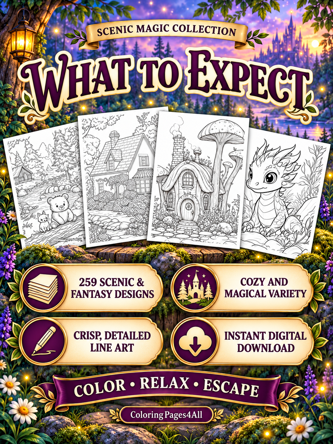Preview of four printable landscape coloring pages featuring woodland animals, a cottage, mushroom house and fantasy dragon.