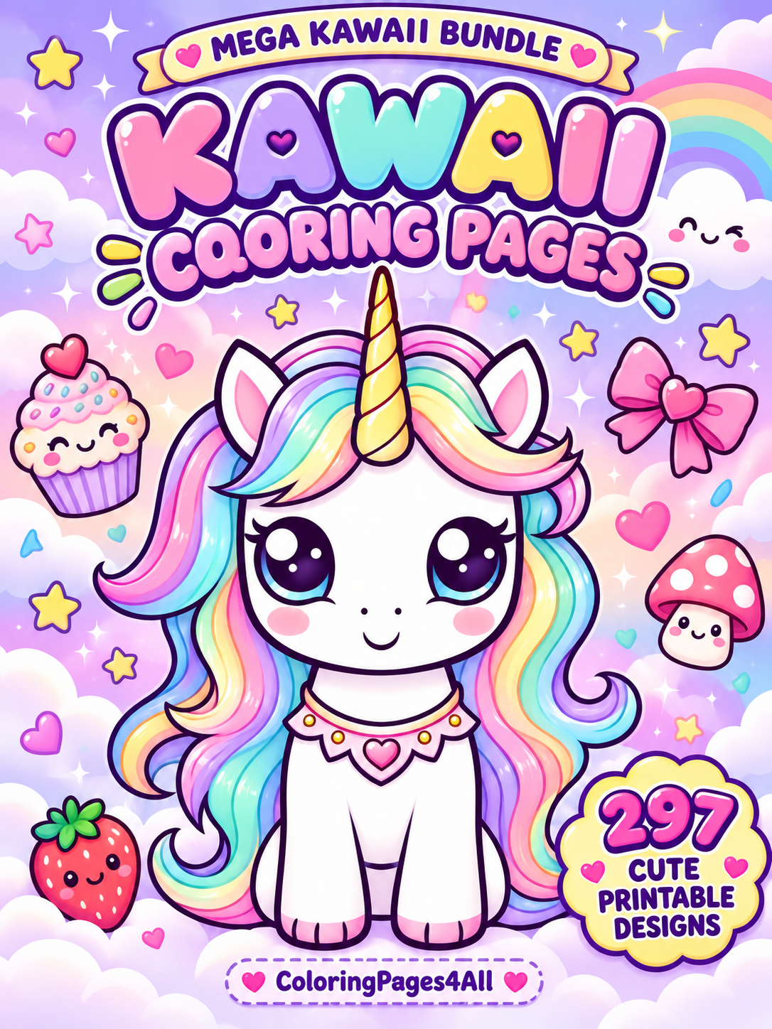 Kawaii coloring pages bundle cover advertising 297 printable designs