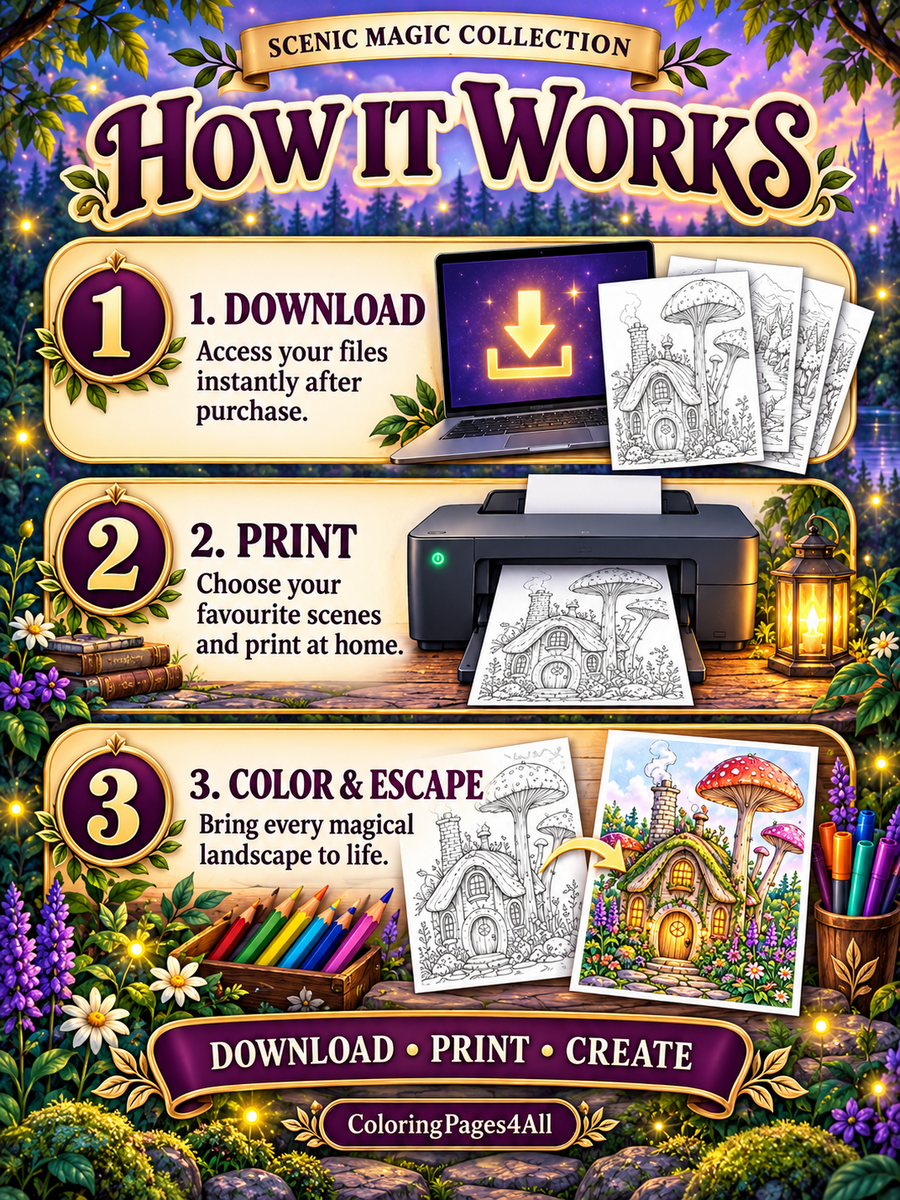 Three-step guide showing how to download, print and colour Scenic Magic printable landscape coloring pages.