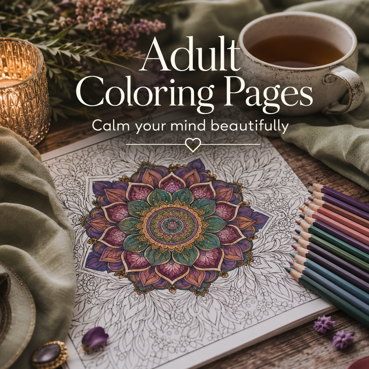 Home 25 Coloring page with tea and candles