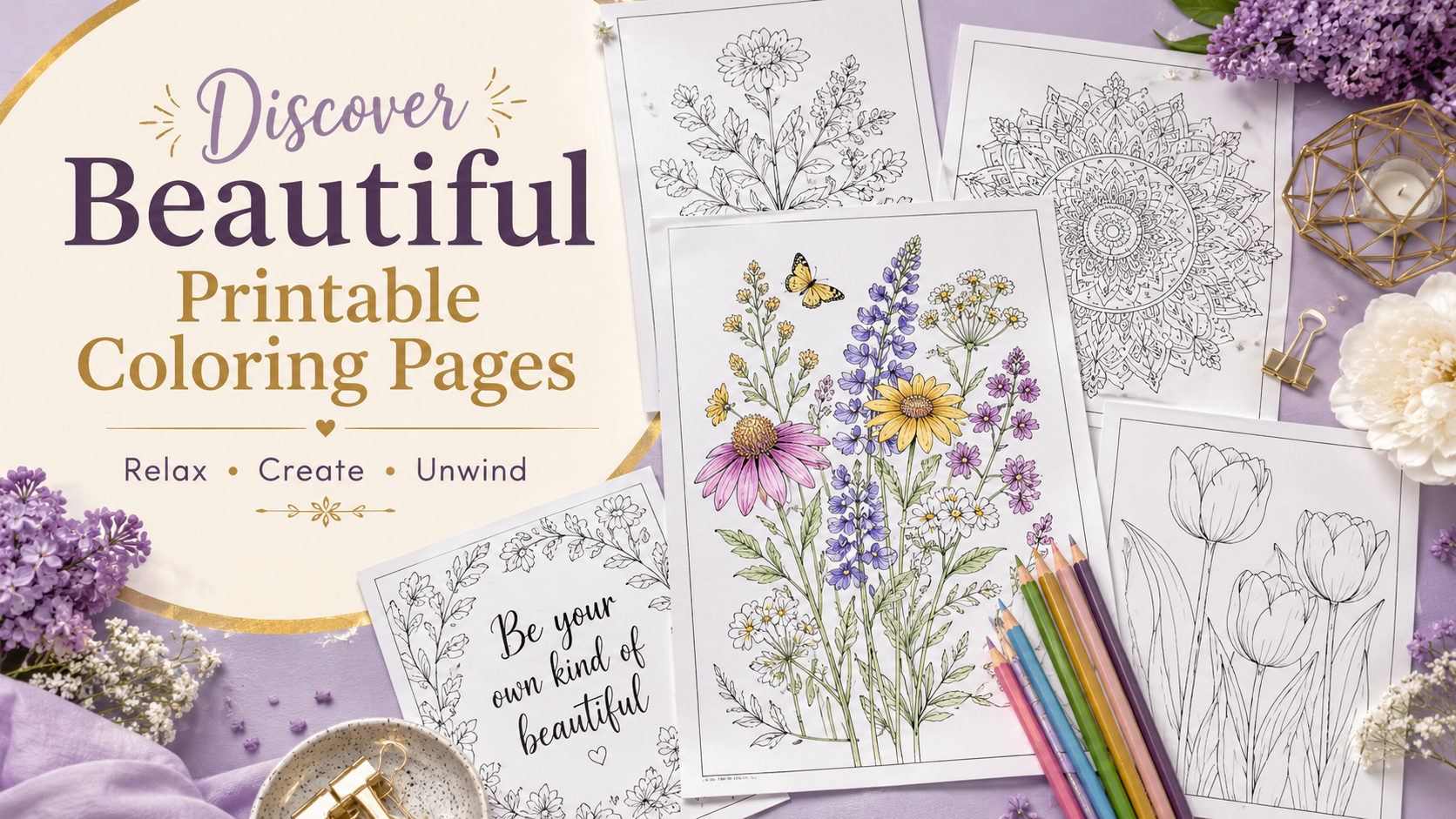 Adult coloring pages with floral designs, colored pencils, tea and lavender flowers on a relaxing workspace