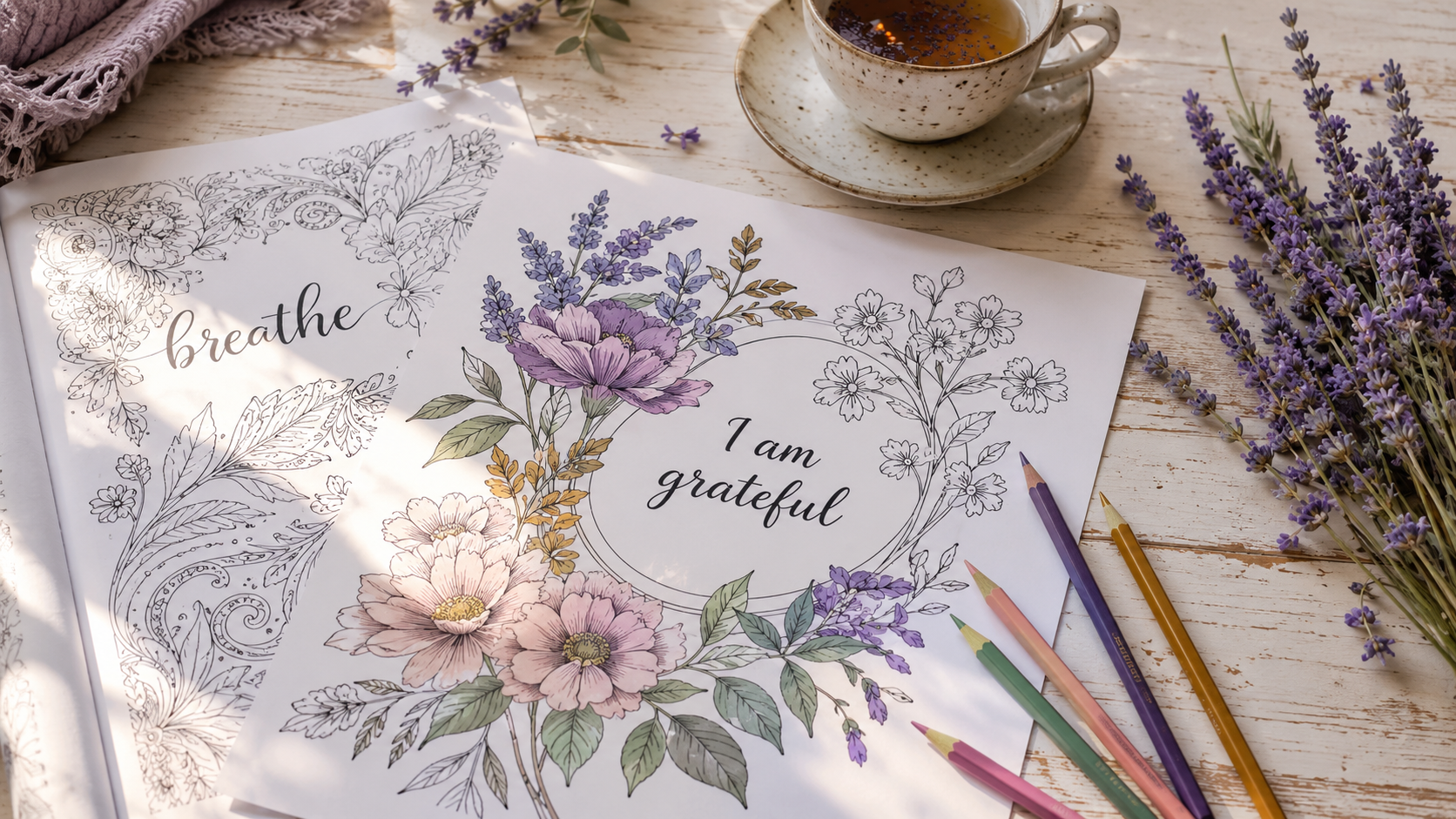 Adult coloring a mindfulness coloring page with colored pencils and herbal tea