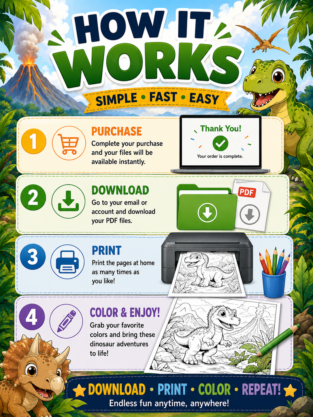 How to download, print and color dinosaur coloring pages for kids at home