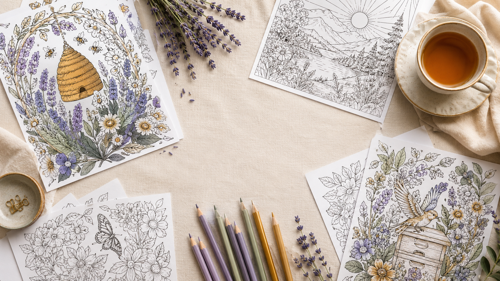 Inspirational quote coloring pages beside lavender and sage colored pencils