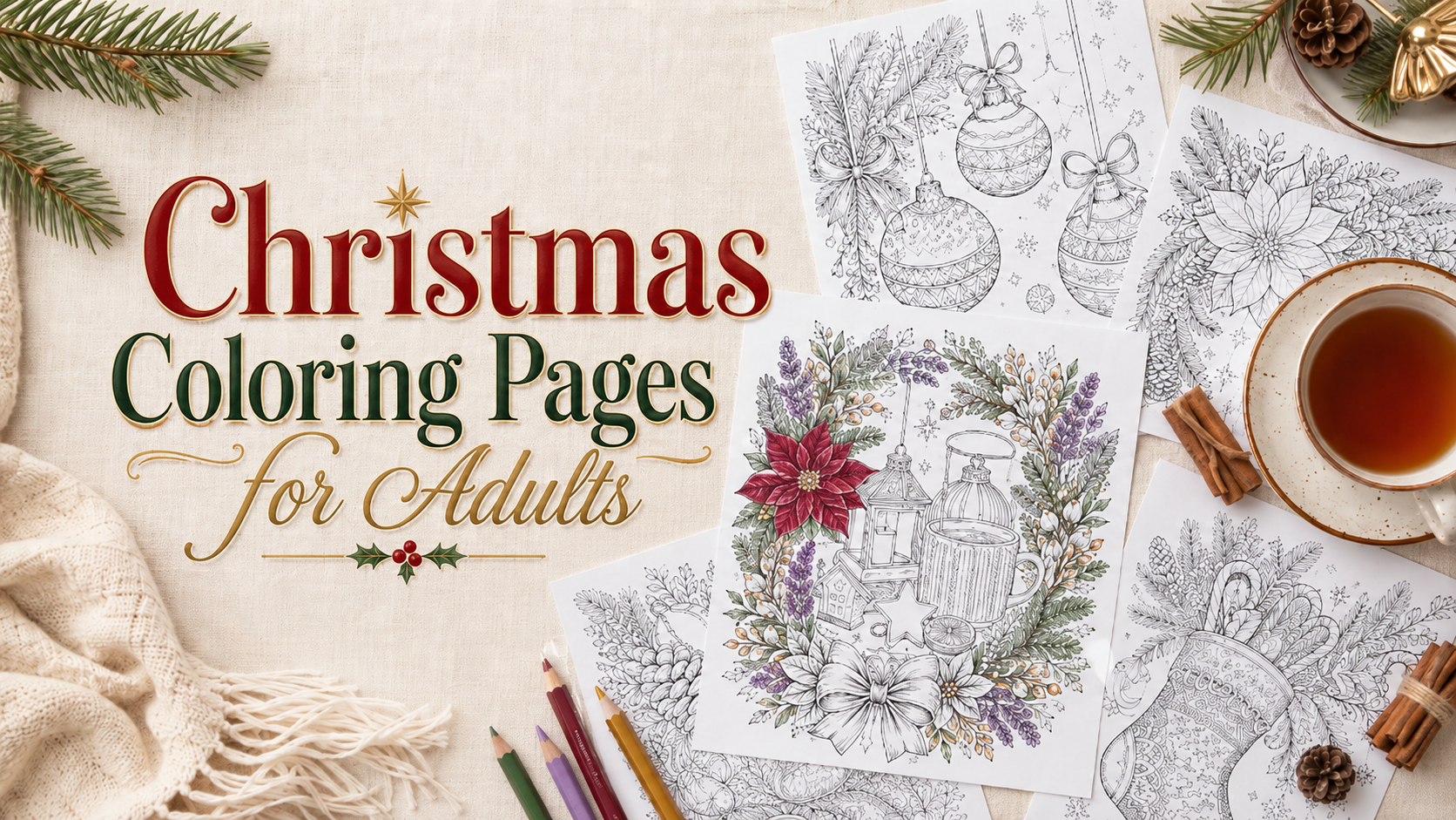 Christmas coloring pages for adults with festive coloured pencils