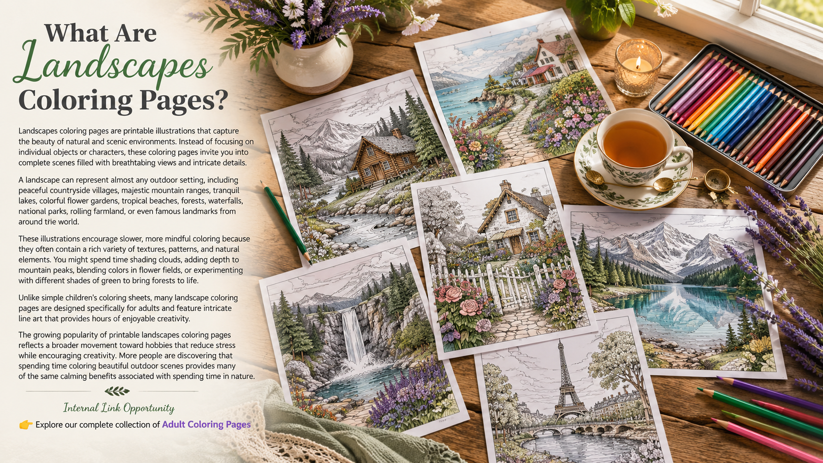 Printable landscapes coloring pages featuring mountains, cottages, forests, and gardens.