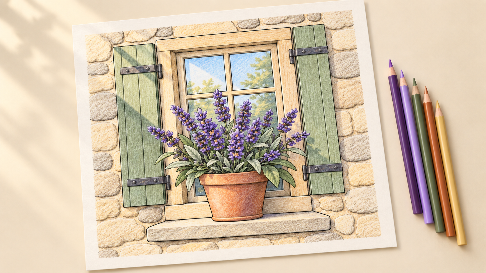 Finished cottage-window coloring page with lavender flowers, sage leaves and softly shaded petals.