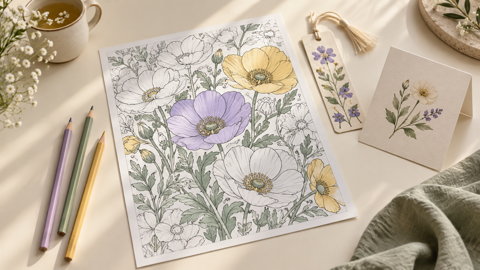 A botanical colouring page beside three pencils, a handmade bookmark and a greeting card.