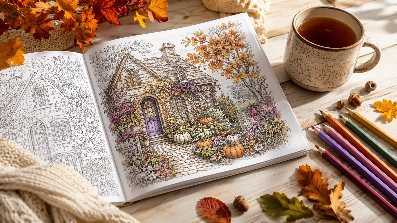 Cozy cottagecore coloring bundle for fall with autumn pencils and tea