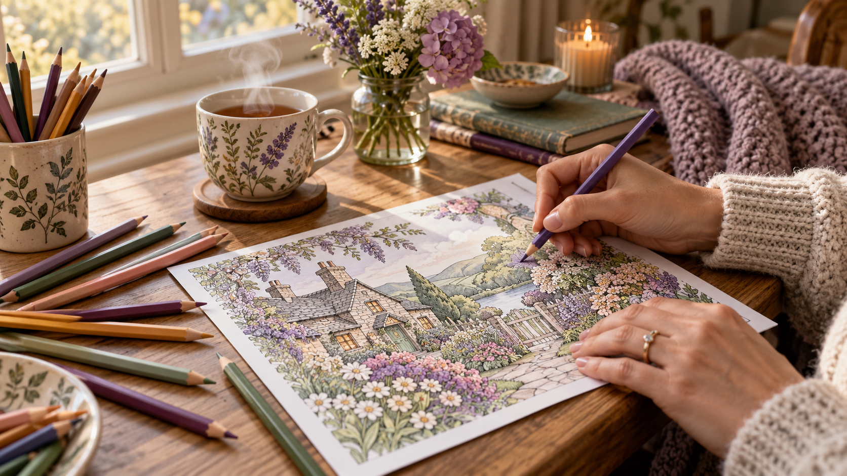 Woman enjoying relaxing colouring pages for adults at a cosy table