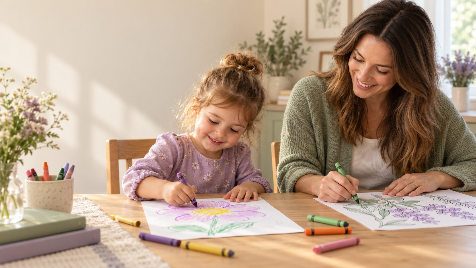 Parent and child coloring simple pictures together at a wooden table.