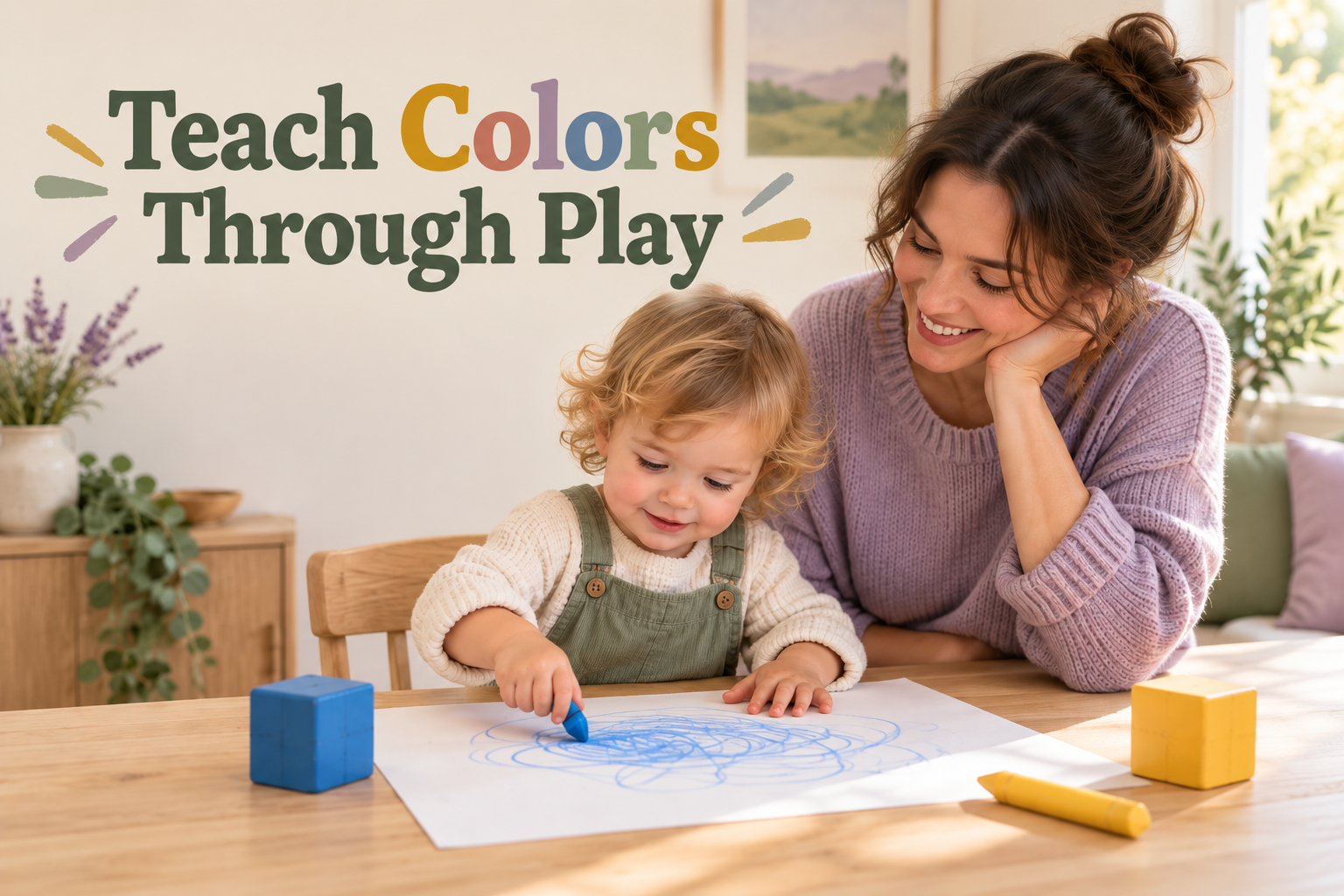 Parent and toddler exploring crayons beside blue and yellow blocks.
