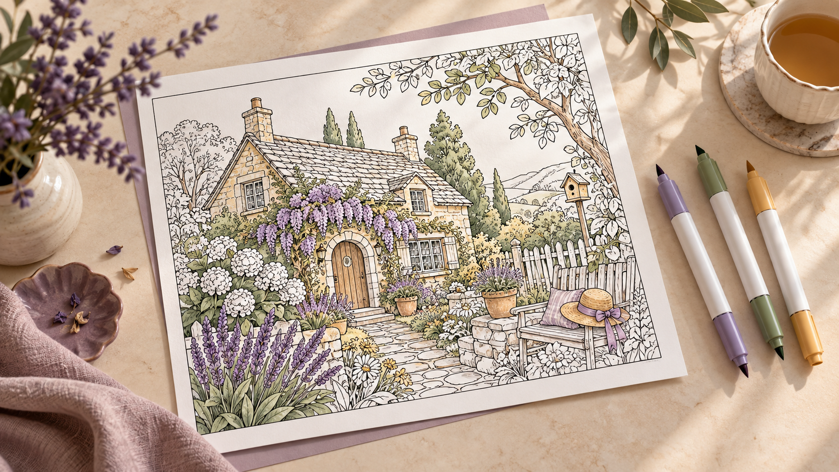 Printable cottage coloring page with smooth marker color and a protective sheet underneath.