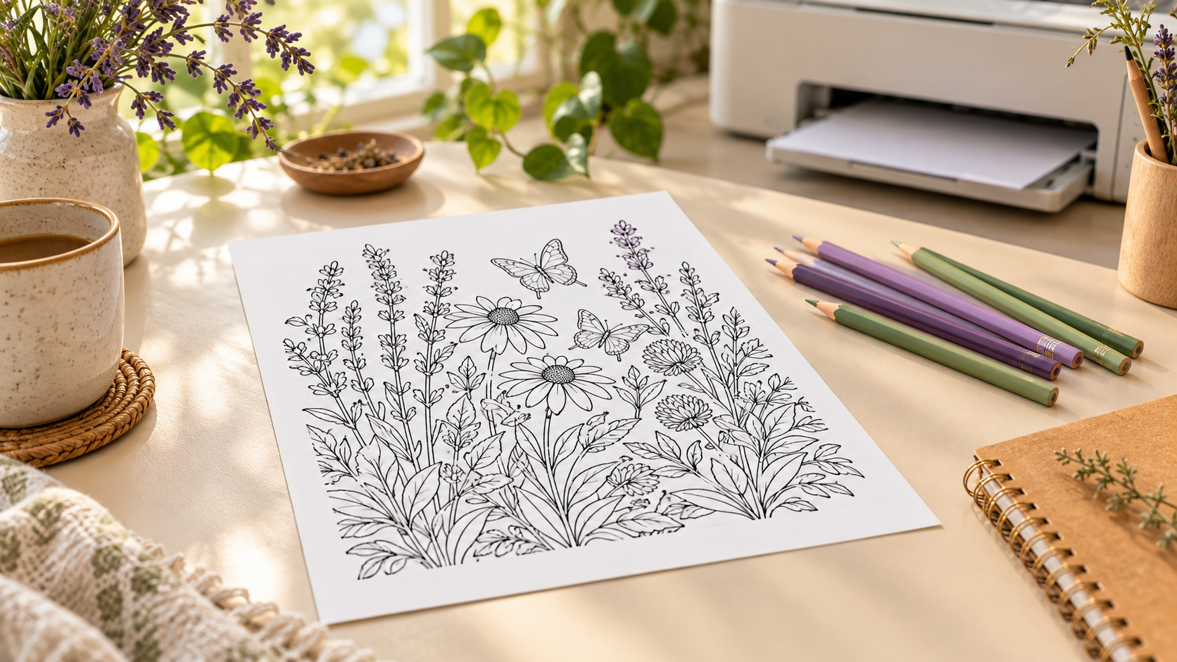 Complete botanical coloring page with white margins beside colored pencils and a home printer.