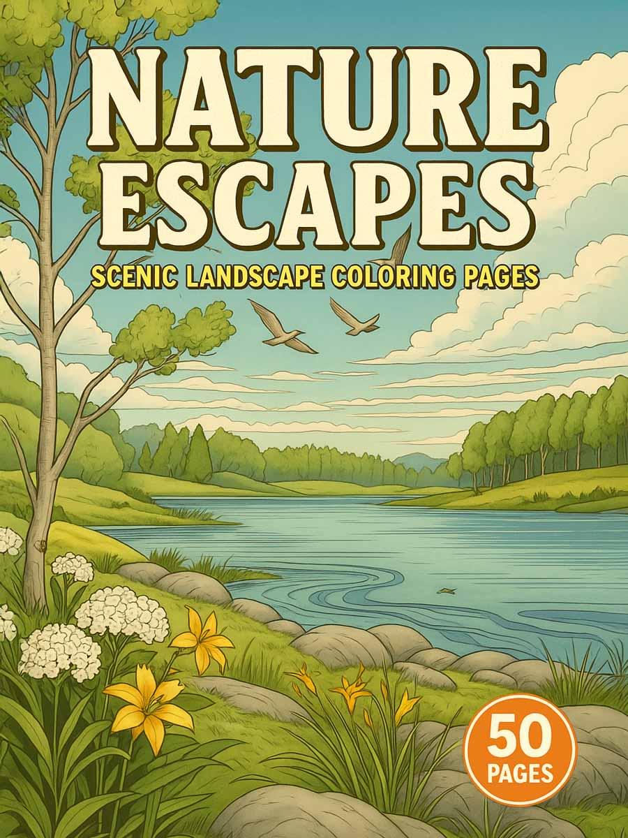 Escape into calm with 50 nature landscape coloring pages featuring scenic forests, mountains, and lakes for relaxation, mindfulness, and creativity.