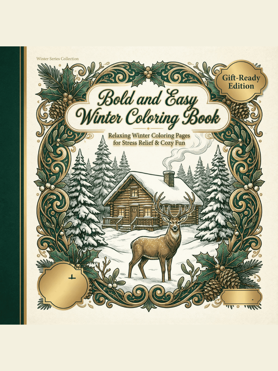easy winter coloring book for adults. Bold and Easy Winter Coloring Book featuring winter cabin and woodland deer illustration