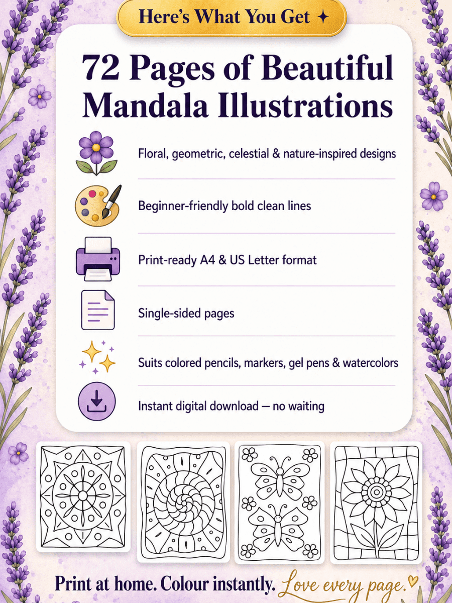 72-page mandala coloring book PDF — beginner-friendly printable designs